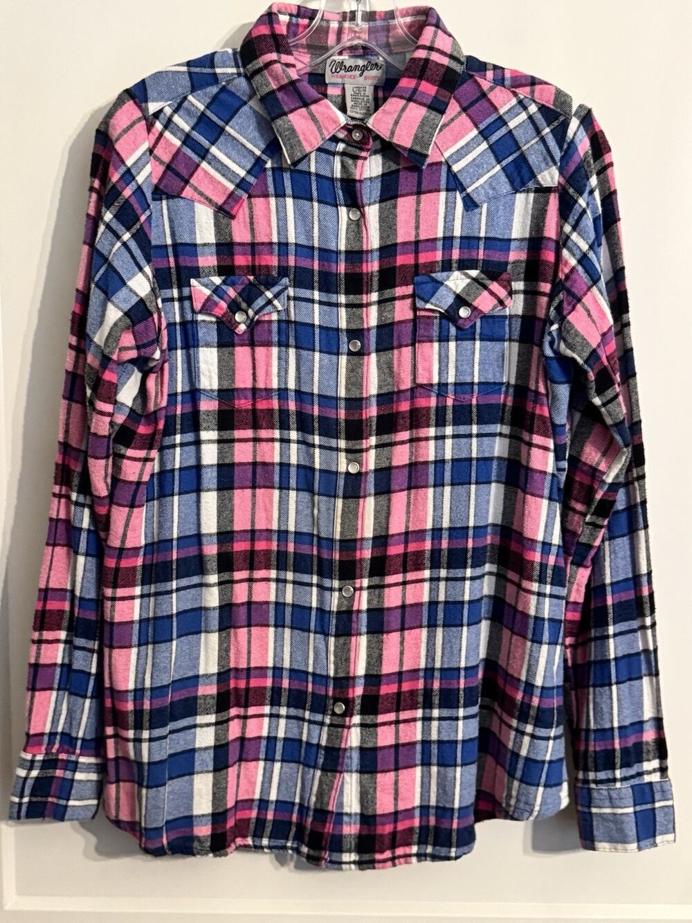 Wrangler Pearl Snap Western Shirt Pink Plaid Flannel Sz L Cowgirl Rodeo Boho
